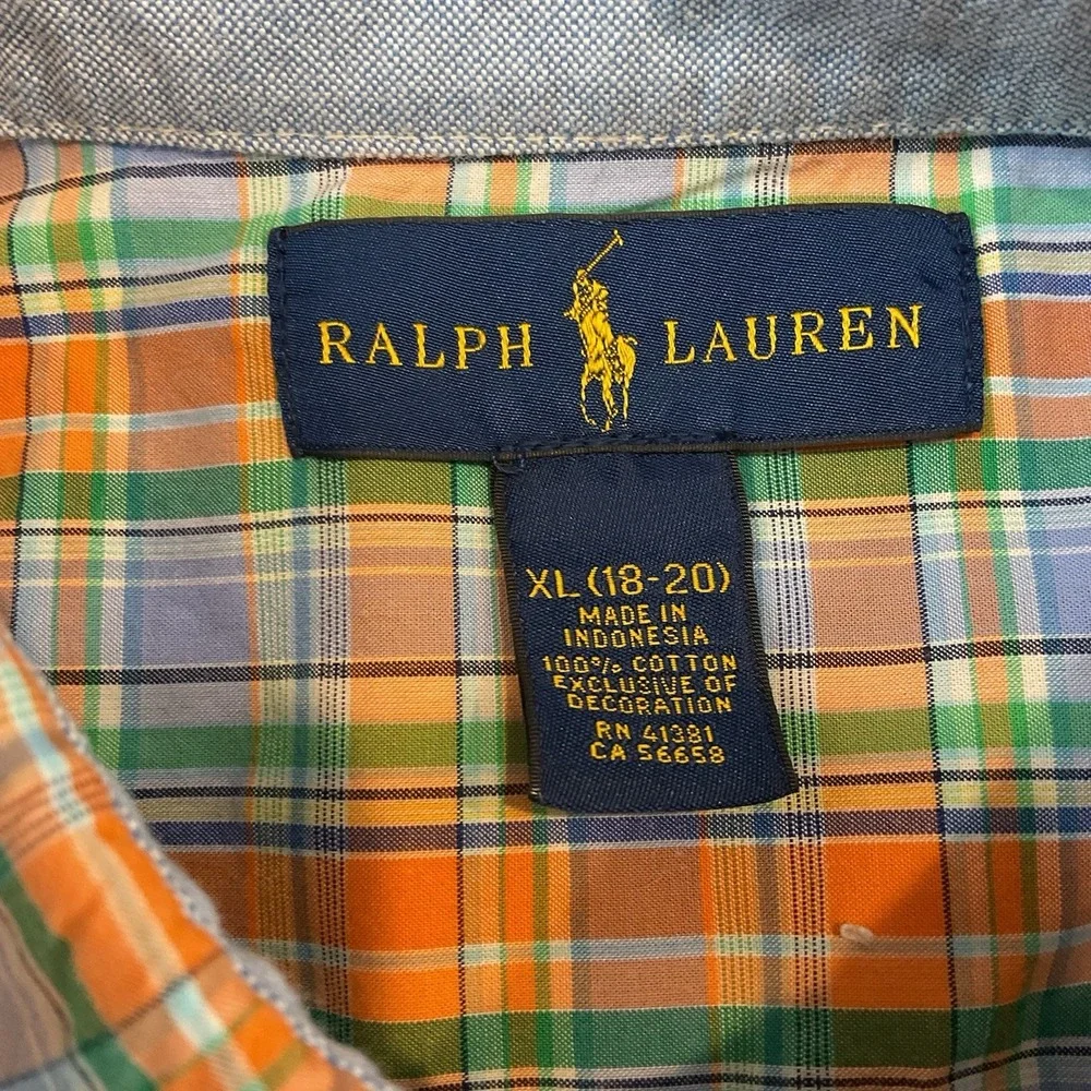 Ralph Lauren Plaid Shirt Boys XL (18-20) Blue‎ Orange Long Sleeve Button Up Down